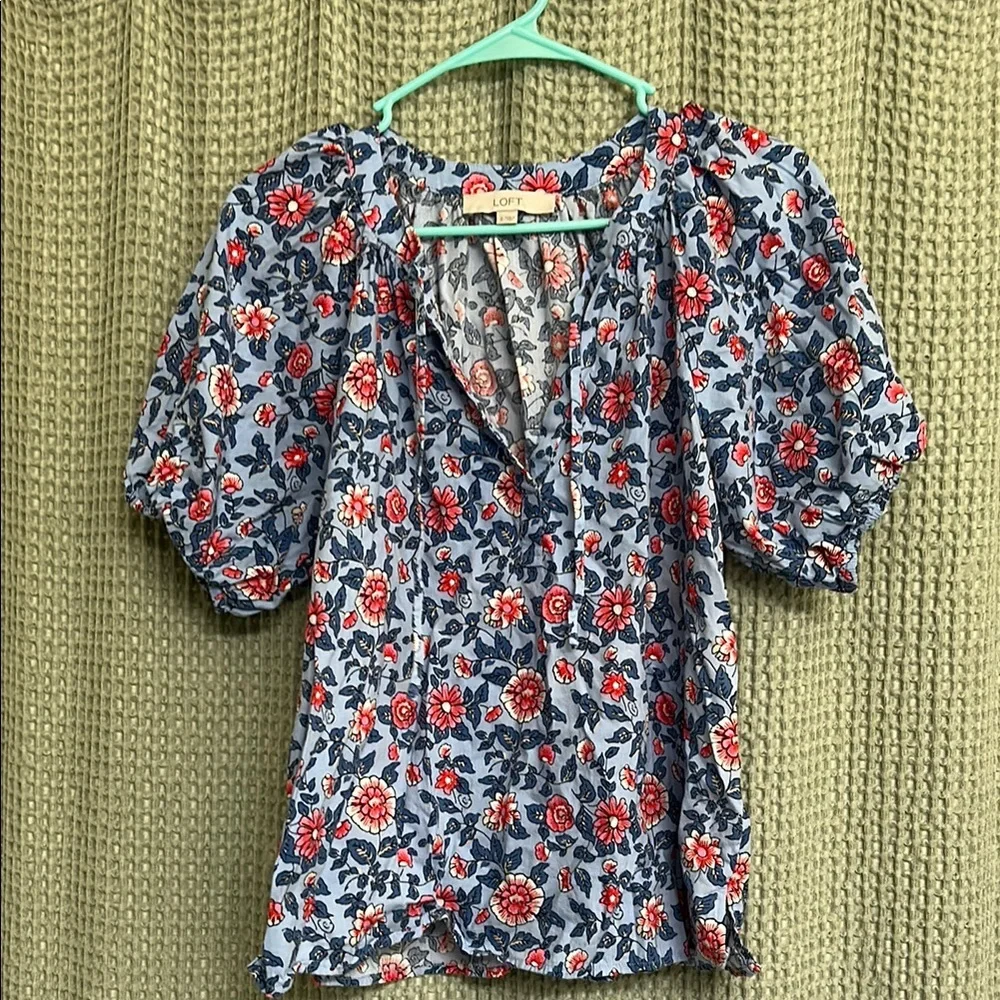 LOFT Blue and Red Puff Sleeve Tie Front Blouse